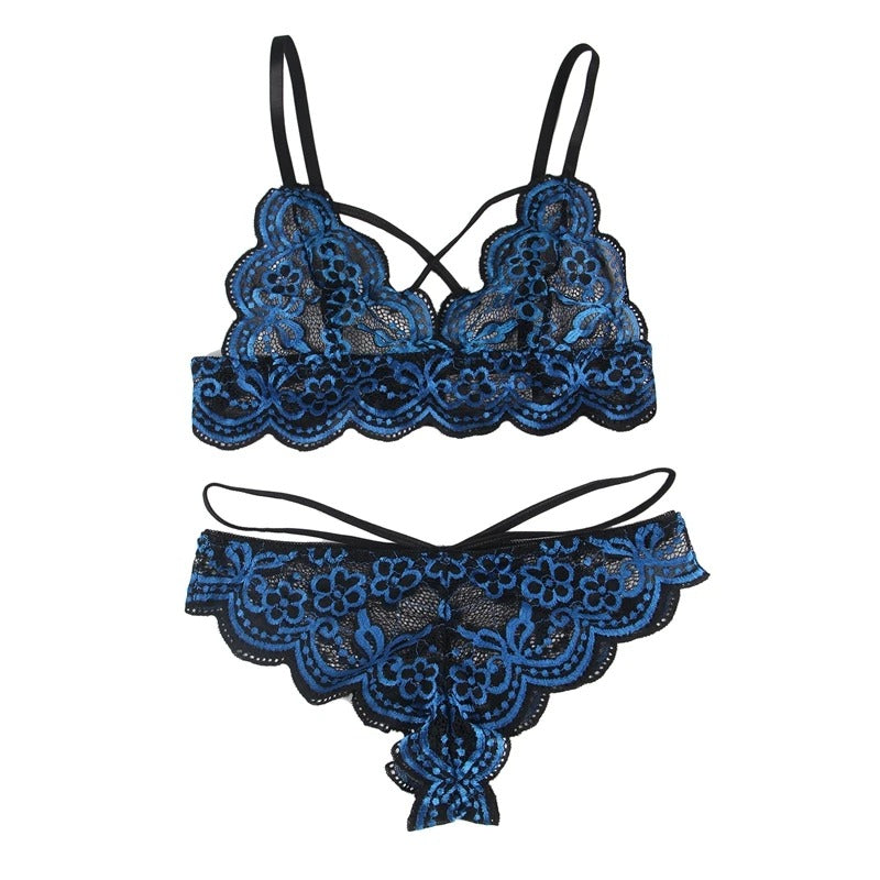 Elegant Two-Tone Floral Lace Lingerie Set – Adjustable Bra with Thong Panties