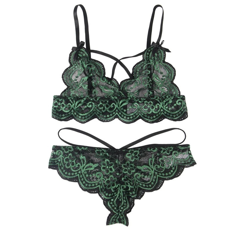 Elegant Two-Tone Floral Lace Lingerie Set – Adjustable Bra with Thong Panties