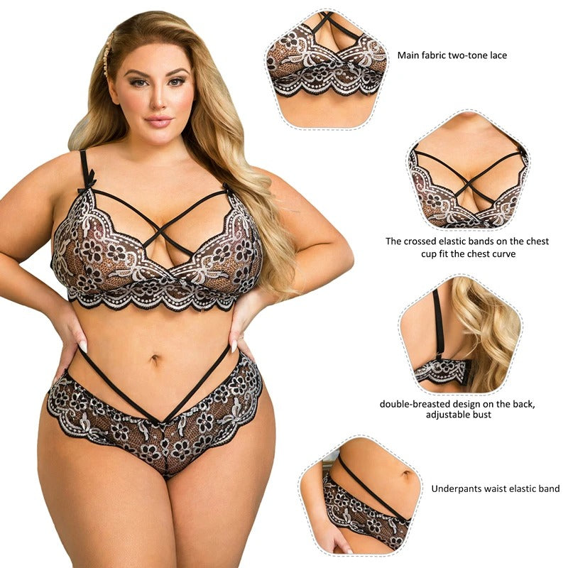 Elegant Two-Tone Floral Lace Lingerie Set – Adjustable Bra with Thong Panties