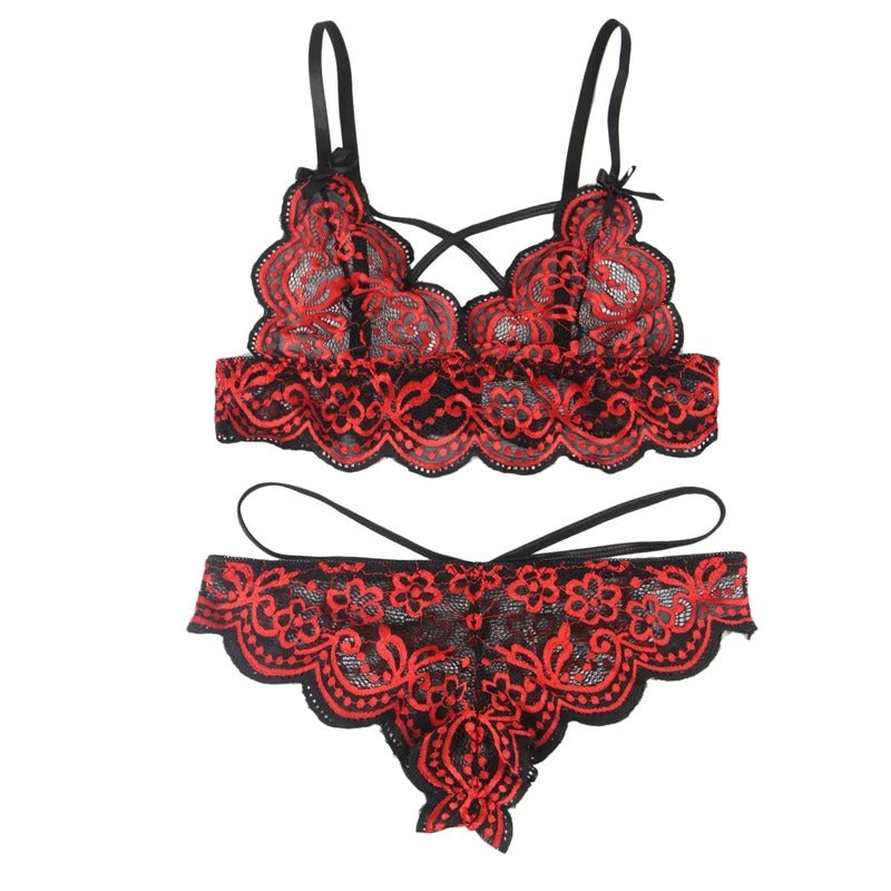 Elegant Two-Tone Floral Lace Lingerie Set – Adjustable Bra with Thong Panties